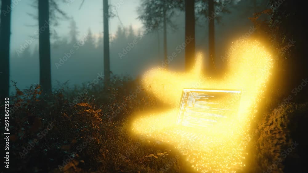 Glowing Device Surrounded By Misty Forest At Dusk With Digital Code Oozing Light