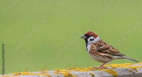 A Eurasian tree sparrow perches on a lichen-covered stone ledge, its brown and white plumage contrasting against a blurred green background.