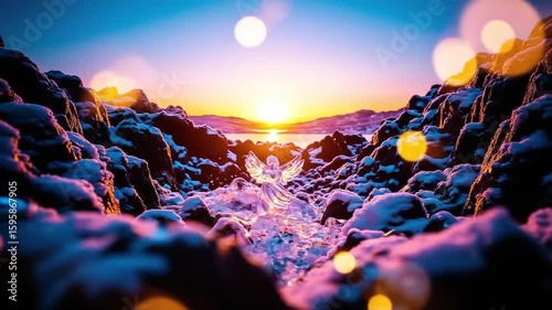 Ice angel statue at sunset, snow-covered rocks, vibrant colors