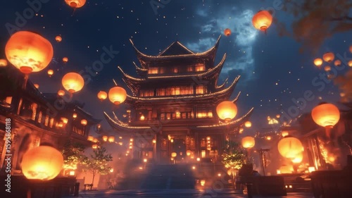 A night scene in a mystical Asian town, filled with glowing lanterns and a grand pagoda