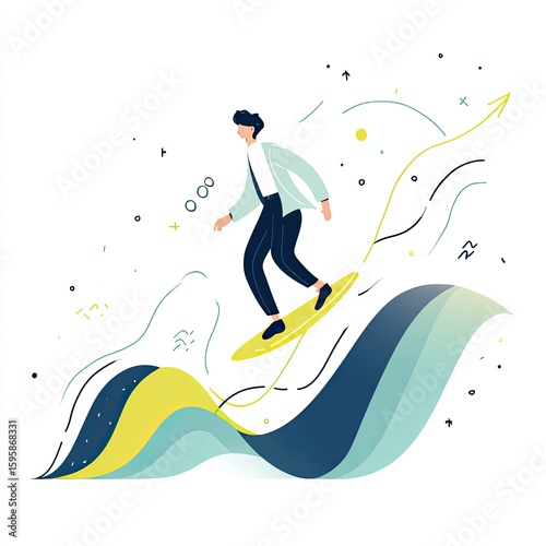 Businessman Surfing on Minimalist Illustration