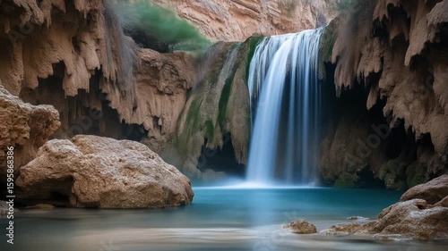 Waterfall cascading into a tranquil pool nestled within a rocky canyon