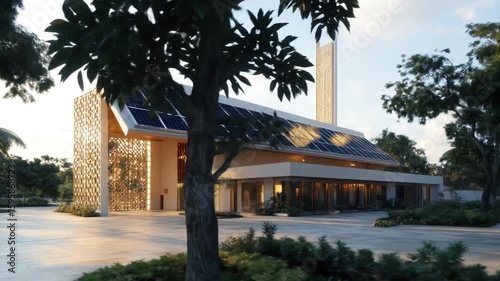 Modern, sustainable home entrance. Lush landscaping surrounds a large, light-colored home with solar panels