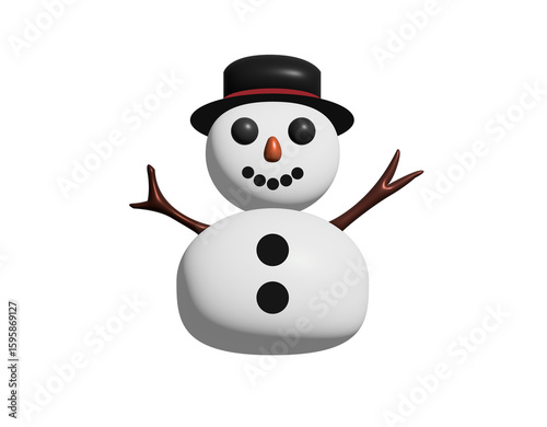 3D classic snowman made from two large snowballs icon, arms, top hat, carrot nose, coal eyes
