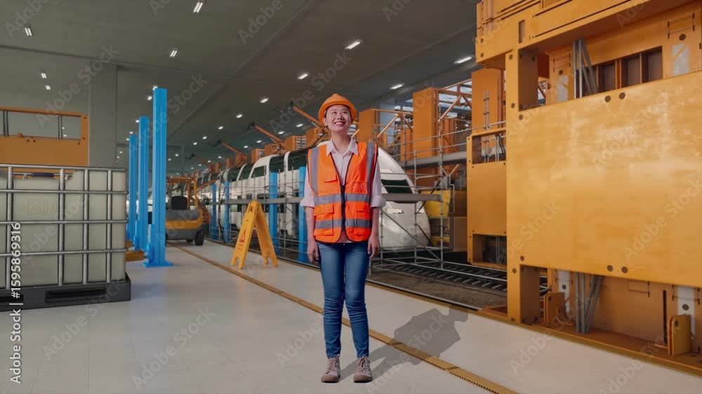 Full Body Of Asian Female Engineer With Safety Helmet Looking Around While Standing, Train Maintenance Engineers in a Depot