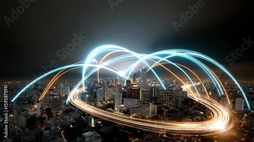 Connected Metropolis: An illuminated cityscape at night, interconnected by flowing lines of light. Symbolizing modern network technology and global communication. 