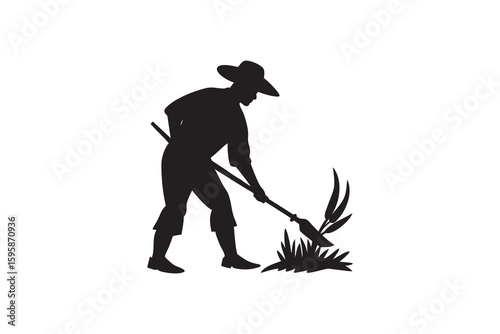 Silhouette of a farmer working in the field with a hoe cultivating crops wearing a hat isolated on a white background agricultural worker illustration