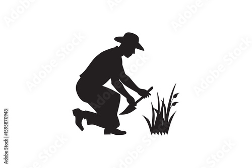 Silhouette of a farmer kneeling and using an axe to clear weeds representing agriculture manual labor and traditional farming practices in a simple graphic style Art & Illustration