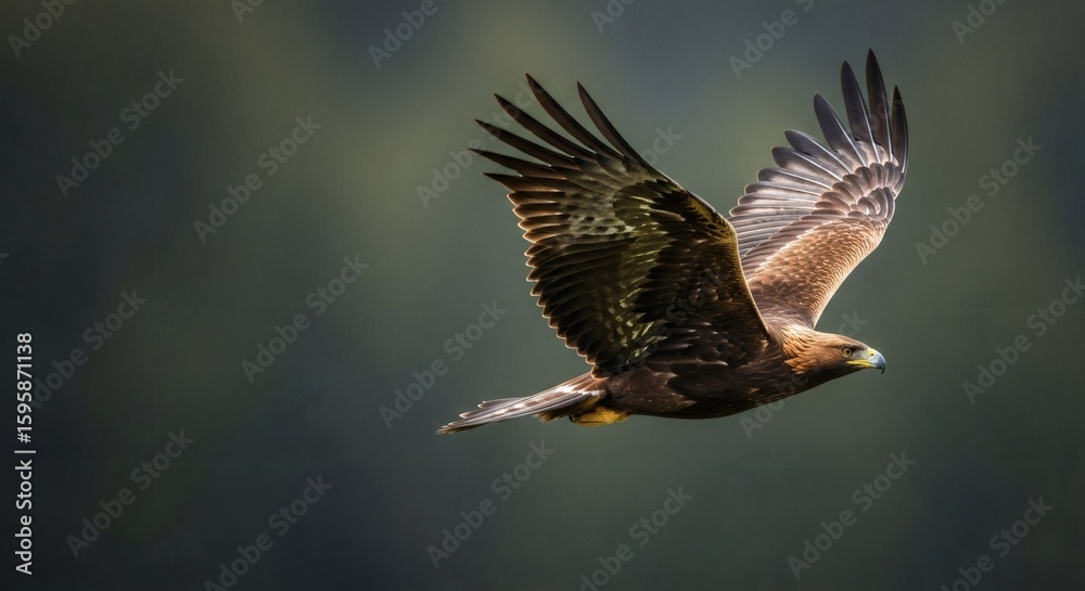 Golden eagle soaring gracefully through a blurred forest backdrop. Golden eagle soaring gracefully through a blurred forest backdrop.