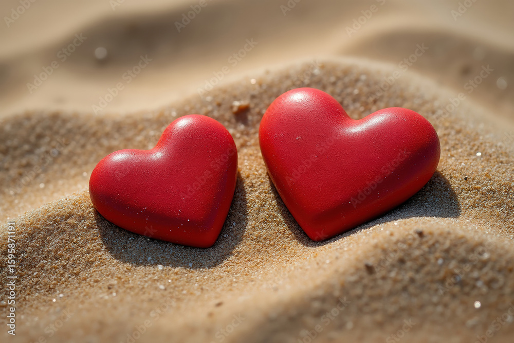 Fototapeta premium Two Red Hearts on Sandy Beach Symbolizing Affection and Connection in a Natural Coastal Environment