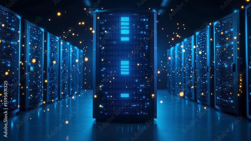 High-tech server room with glowing racks and fiber optic cables, blue ...