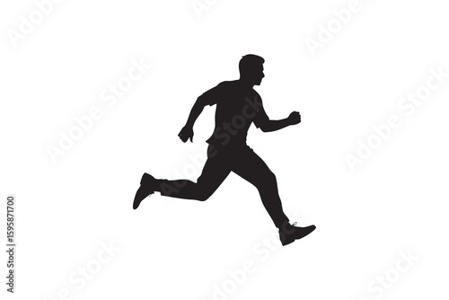 Silhouette of a man running or leaping forward with energy and determination against a white background conveying movement action and a sense of urgency Art & Illustration