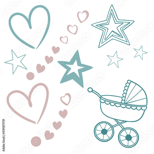 Baby carriage with hearts and stars stroller