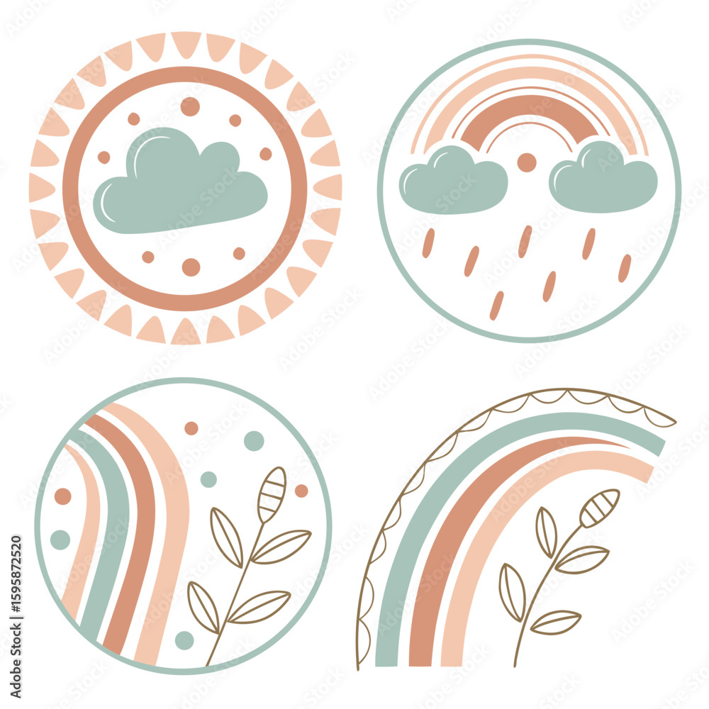 Boho Rainbow Cloud and Floral Icons pastel