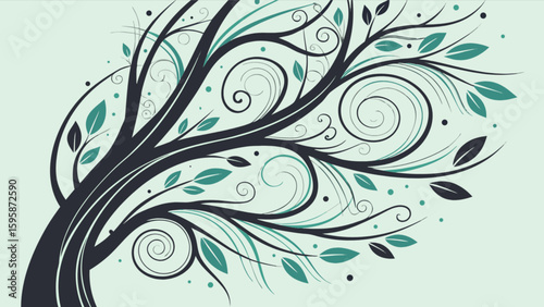 Abstract tree vector illustration with swirls and leaves for nature inspired designs and backgrounds