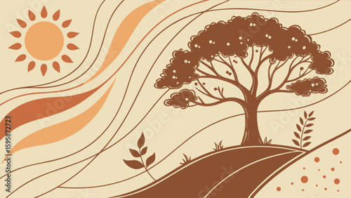 Vintage nature landscape illustration with sun tree and hills retro style vector background art print