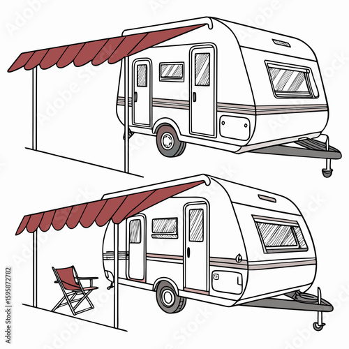 Caravan with red awning and chair trailer camping