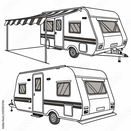 Caravan with striped awning and windows trailer camping