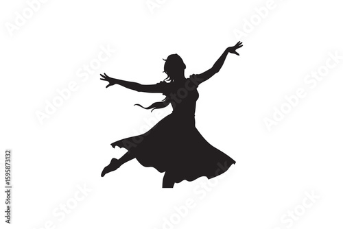 Silhouette of a female dancer in motion, arms outstretched, wearing a flowing dres,s isolated on a white background, expressing freedom, joy, and artistic expression. Art & Illustration