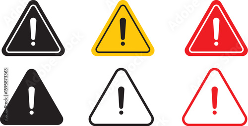 Warning Sign Icon Set – Triangle Caution Symbols with Exclamation Mark in Red, Yellow & Black