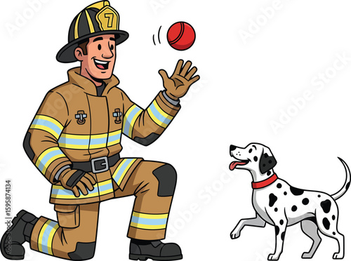 A smiling firefighter, kneeling, plays with a Dalmatian dog, tossing a red ball in the air.