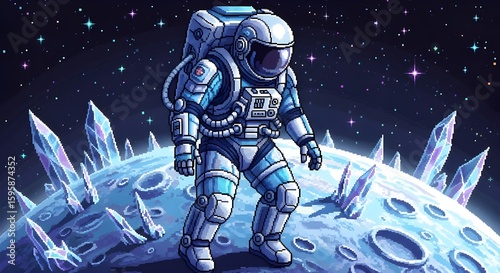 Pixel art astronaut with a robotic exosuit landing on a crystalline moon

