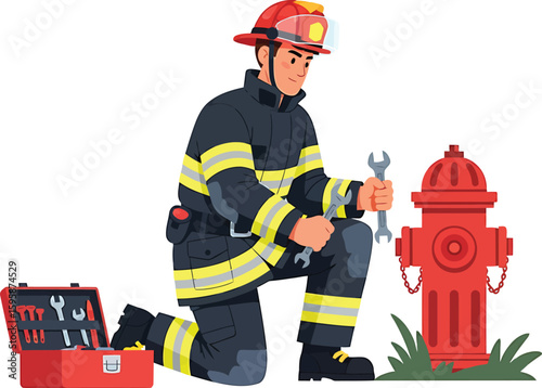 A firefighter kneeling beside a red fire hydrant, inspecting it with tools from a toolbox.
