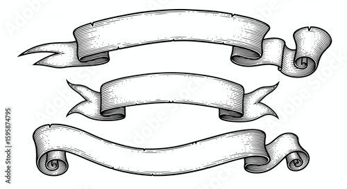 Three vintage style banners with detailed line work and curled edges on a white background surface