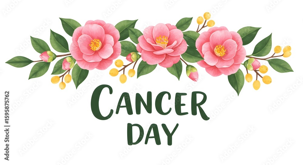 Fototapeta A floral watercolor illustration with pink blossoms and the words cancer day, symbolizing awareness and support for cancer patients