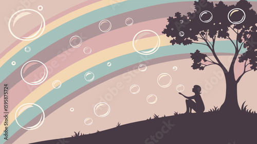Pastel rainbow bubbles girl silhouette tree whimsical dreamy illustration vector art for kids room decor