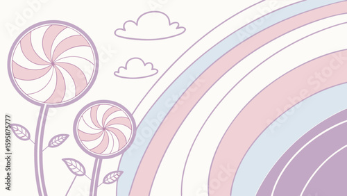 Pastel rainbow candy land vector illustration with lollipops and clouds for kids room decor design art