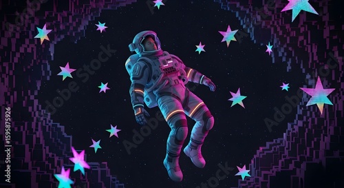 Futuristic astronaut floating through pixelated space with glowing holographic stars

