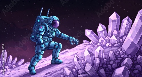 Pixel art astronaut with a robotic exosuit landing on a crystalline moon


