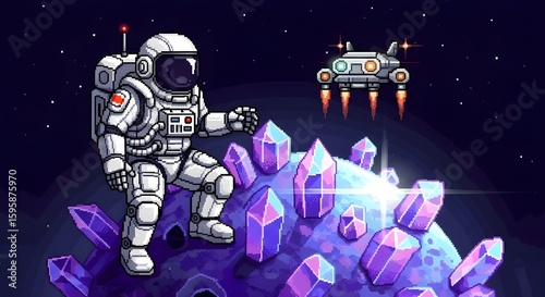 Pixel art astronaut with a robotic exosuit landing on a crystalline moon

