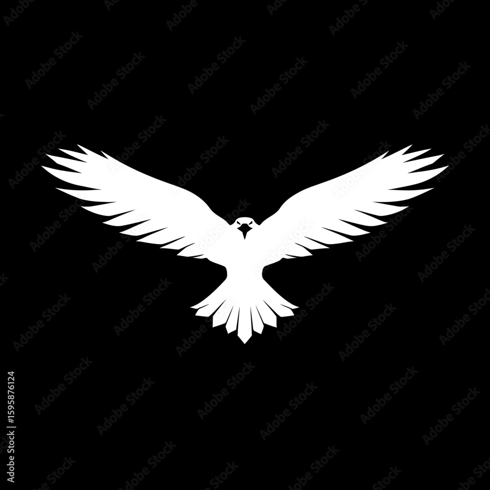 Fototapeta premium White eagle spreads wings black background minimalistic design simple bird symbol