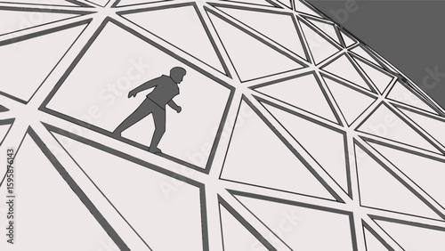 Man walking on geodesic dome structure architecture design illustration geometric pattern background concept art