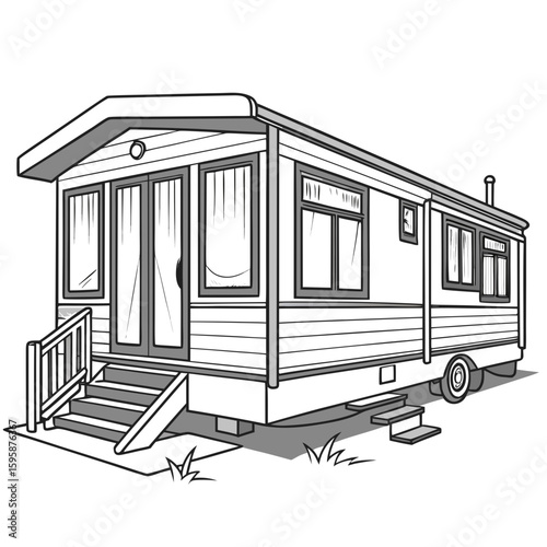 Mobile home with large windows and steps trailer house