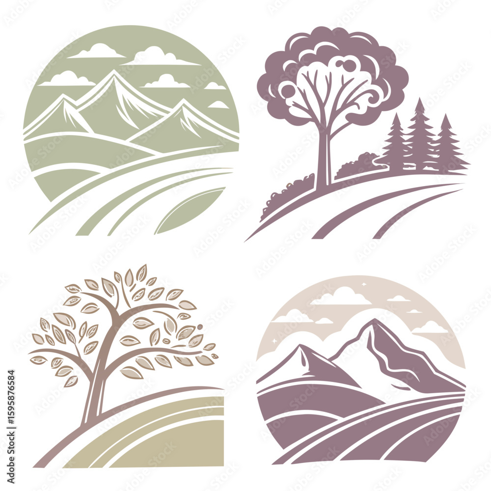 Obraz premium Nature landscape icons trees mountains clouds