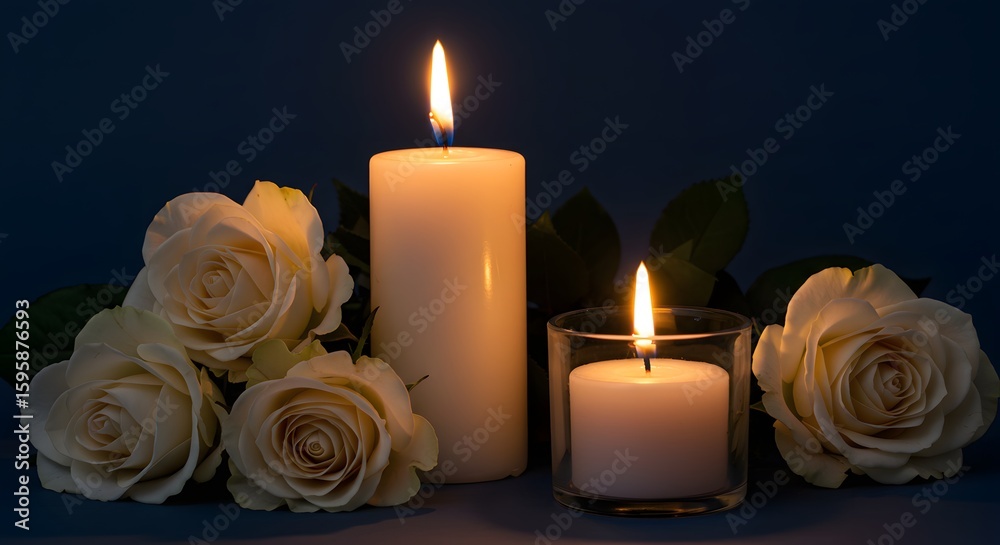 White roses and glowing candles create a serene atmosphere of remembrance and sympathy in the darkness White roses and glowing candles create a serene atmosphere of remembrance and sympathy in the darkness