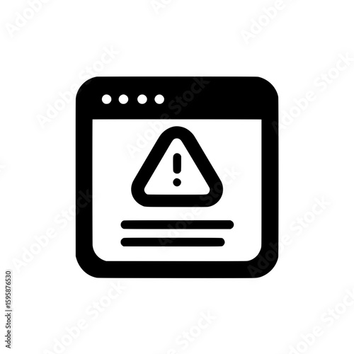 Flat warning icon of a website window with alert triangle, representing caution, cybersecurity threat, or software issue