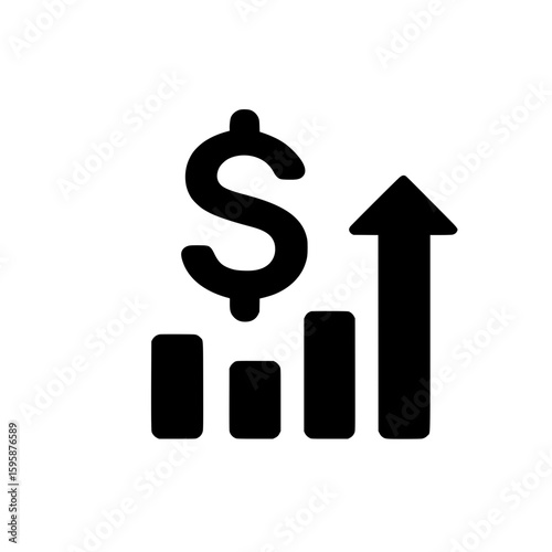 Dollar sign with upward arrow over bar chart, representing financial growth, profit, or business success.