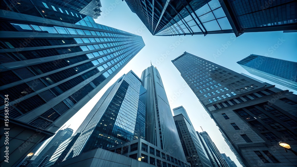 Fototapeta premium Dramatic Low Angle View of Modern Glass Skyscrapers in Urban Cityscape