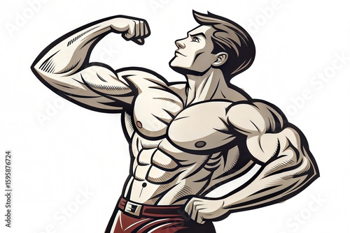 A muscular man stands proudly with his arms flexed, demonstrating strength and confidence. His expression reflects determination and self-assurance. Generative AI.