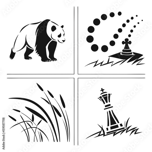 Panda chess pieces reeds bear king