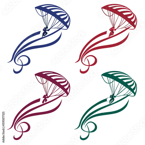 Parachutists in Blue Red Purple Green parachute skydiving