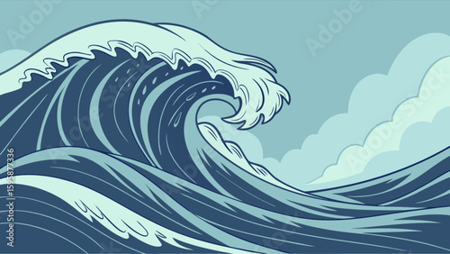 Ocean wave illustration vector art design for surfing and sea adventure with blue water and sky background