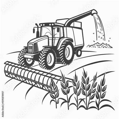 Tractor harvesting grain in a field harvester agriculture