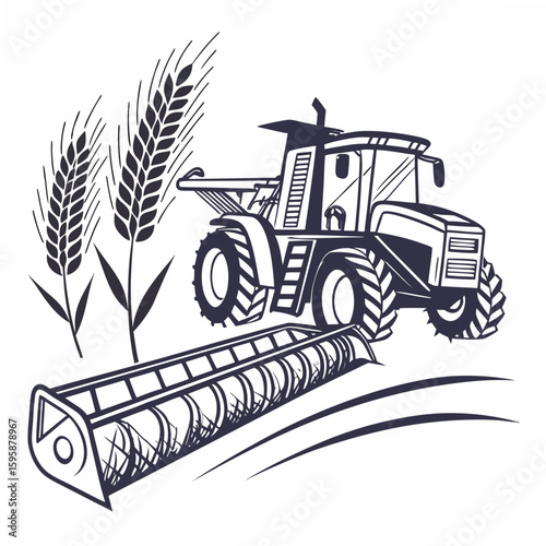 Tractor harvesting wheat in a field harvester agriculture