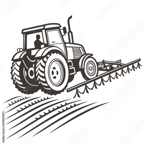 Tractor plowing field with harrow farming agriculture