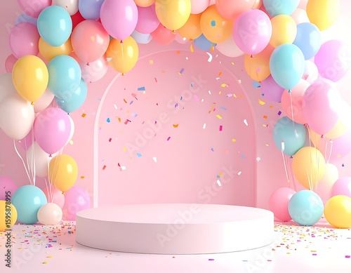 Pastel balloons adorn pink stage with confetti, perfect for celebrations and product displays